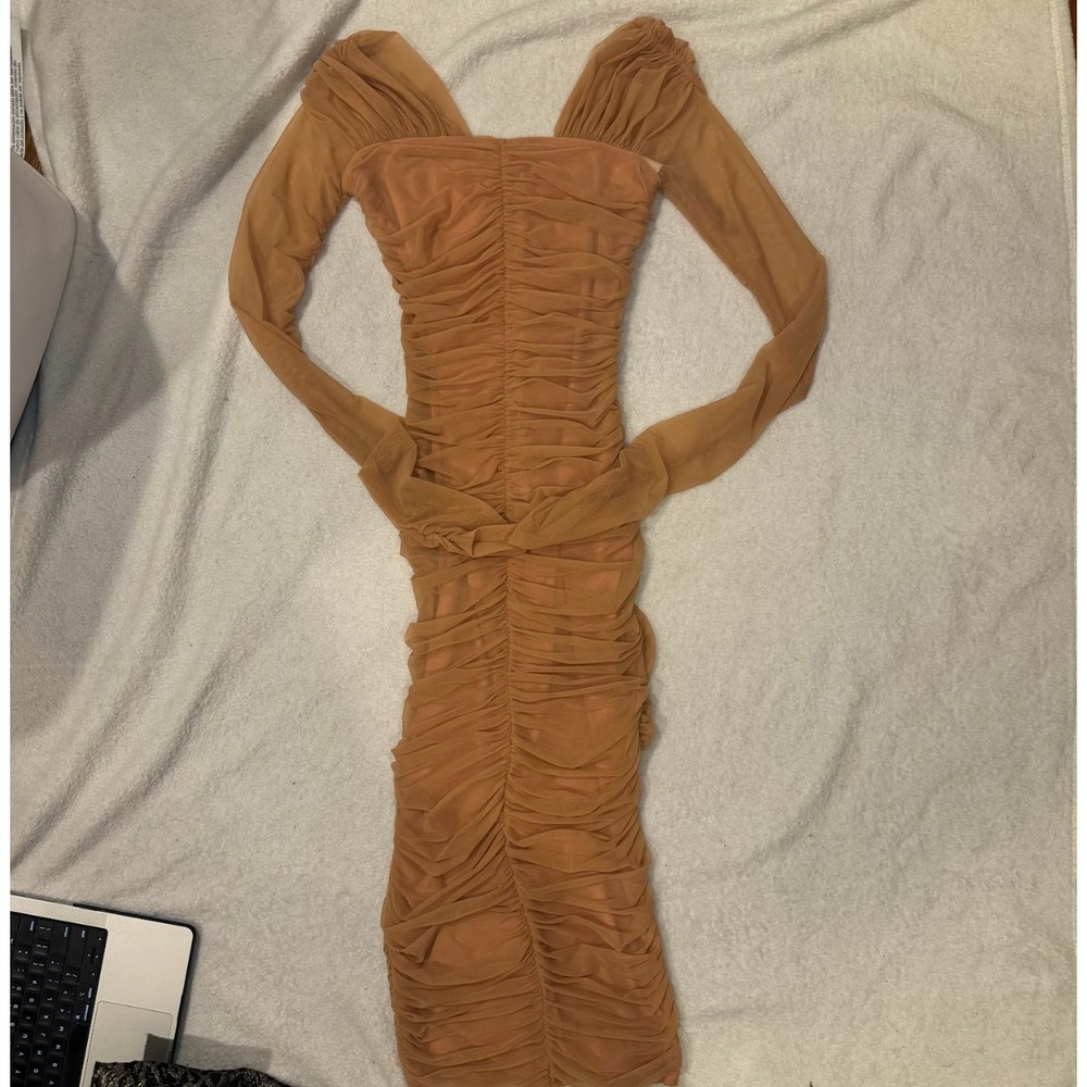 A.L.C. Ruched Mesh Midi Dress Peach Square Neck Long Sleeve Bodycon
